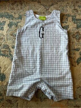 Classic Whimsey Boys Monogramed Blue Windowpane Check Jon Jon Shortall Romper 3T